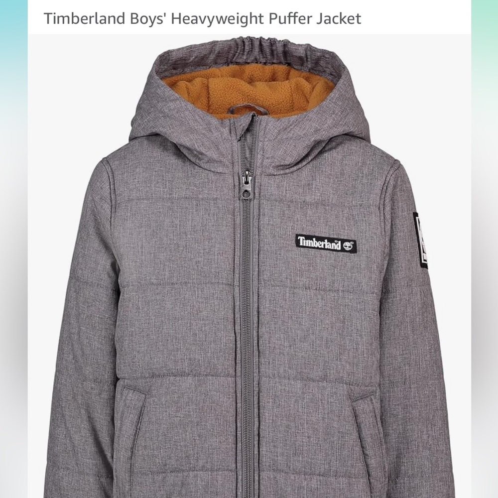 Timberland Gray Puffer Jacket with Hood and Quilted Insulation